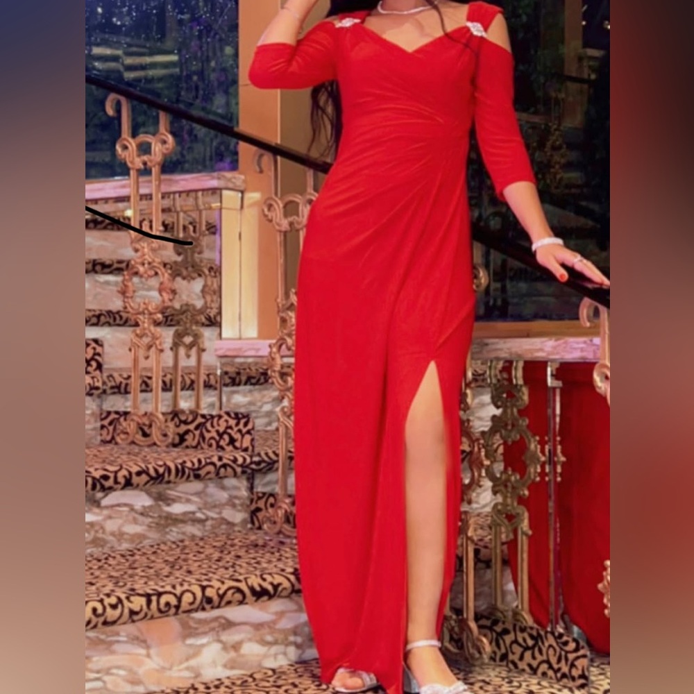 R&M Richards Red Asymmetrical Ruched Gown